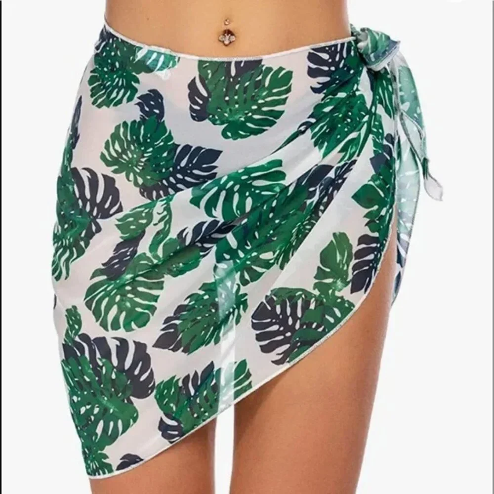 SARONG Cover up Beach Swim Wrap Tropical Green Palm Leaves Mini NEW Womens Large